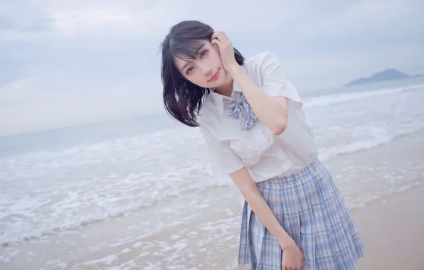 Asian, Model, Beach, Woman, Pretty, Japanese, Uniform, Shore