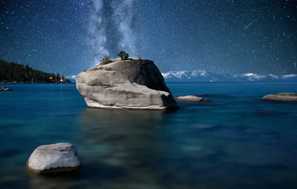 Picture the sky, stars, trees, night, rock, lake, stone
