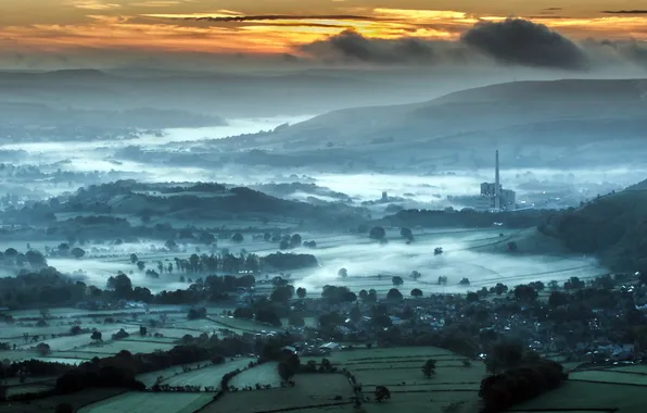 Landscape, sunset, fog, home, valley