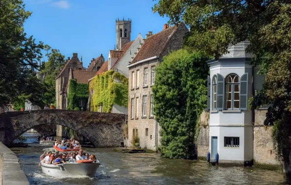 Picture bridge, the city, home, boats, channel, Belgium, Bruges