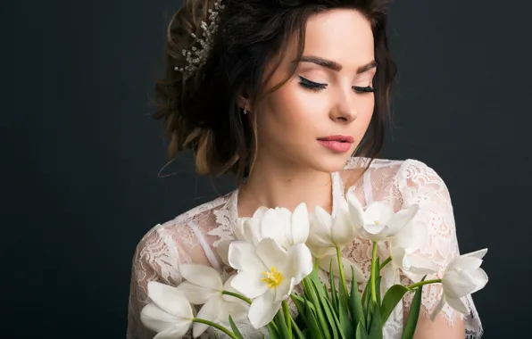 Girl, flowers, the dark background, white, portrait, bouquet, makeup, dress