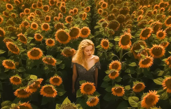 Field, girl, sunflowers, AI art, neural network
