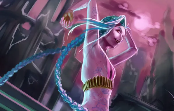 Girl, art, braids, cartridges, tattoo, League of Legends, LoL, Jinx