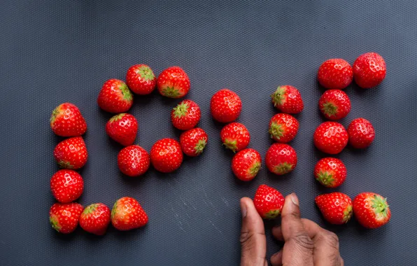 Love, berries, background, hand, strawberry, love, the word, composition