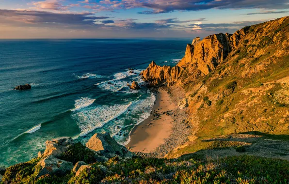 Sea, the sky, clouds, light, stones, rocks, shore, the evening