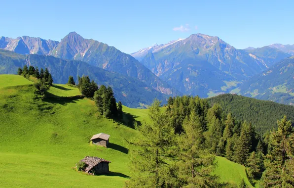 The sky, grass, trees, mountains, house