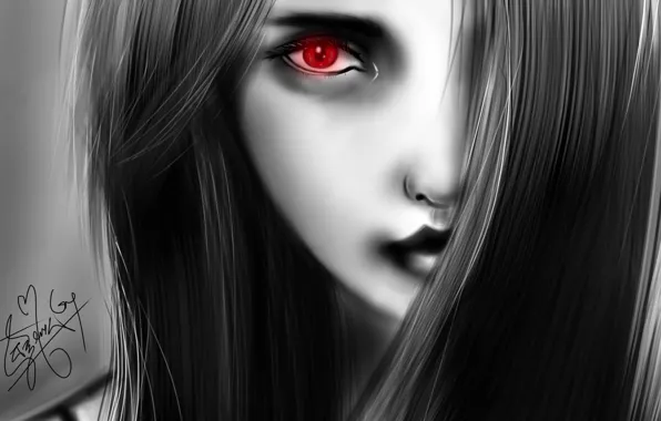 Picture girl, red, face, eyes, hair, figure, black and white, monochrome