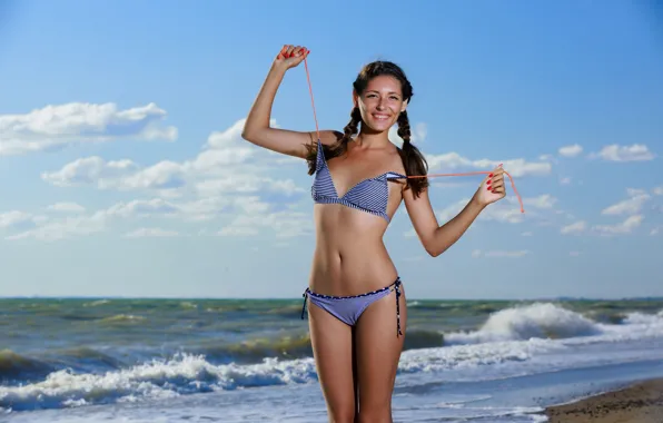 Waves, ocean, smile, bikini, braids, bikini top, strip, Rosella