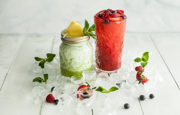 Picture ice, berries, raspberry, blueberries, strawberry, drink, fruit, pineapple