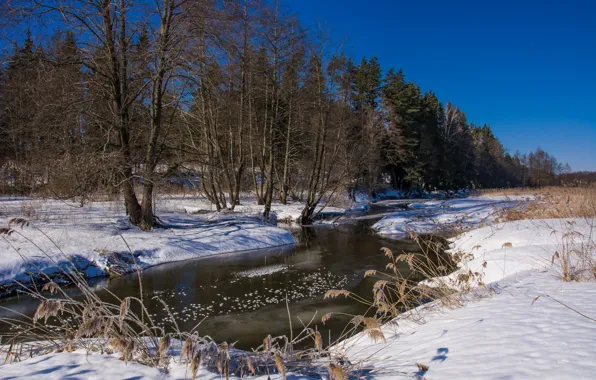 Winter, river, morning, frost, journey, Sunny day