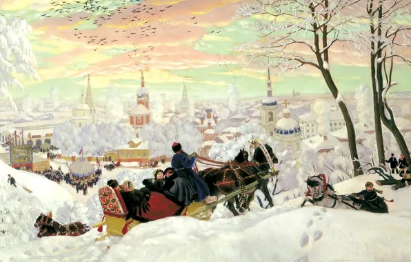 Picture winter, snow, people, holiday, picture, horse, sleigh, painting