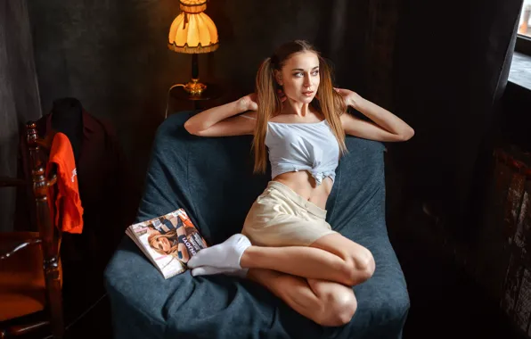 Picture sexy, pose, room, model, lamp, skirt, portrait, makeup