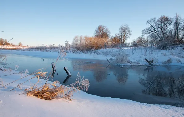 Winter, snow, river, Alexander, A frosty evening