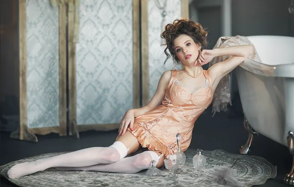 Look, girl, pose, stockings, bath, legs, on the floor, Anastasia Barmina