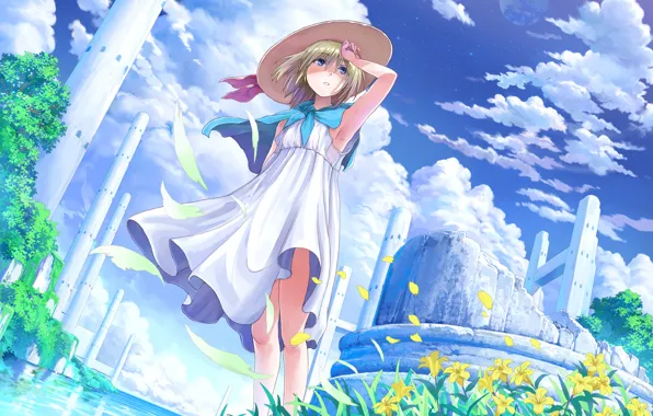 Picture greens, summer, water, girl, the wind, hat, dress, art