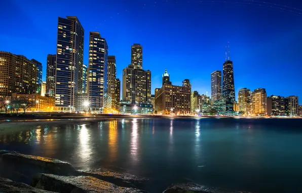 Night, the city, lights, river, skyscrapers, Chicago, Il