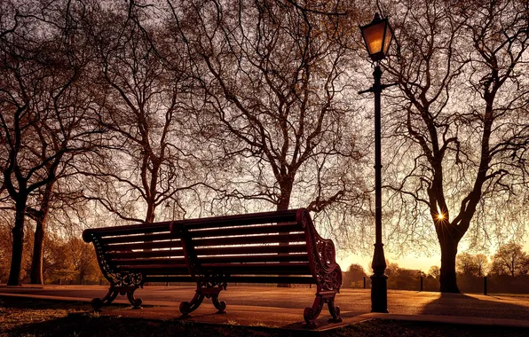 Picture the city, lamp, bench