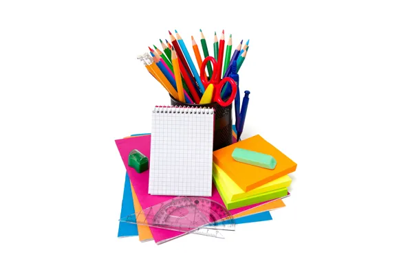 Picture paper, pencils, white background, Notepad, notebook, scissors, the compass, sharpener