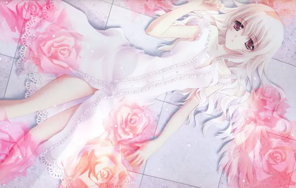 Girl, white dress, big eyes, red roses, lying on her back, by Yuri Nishiwaky