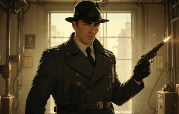 Gun, hat, window, detective, coat