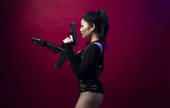 Picture girl, weapons, background