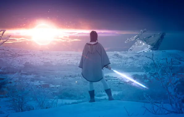Winter, girl, snow, fiction, ship, UFO, sword, space