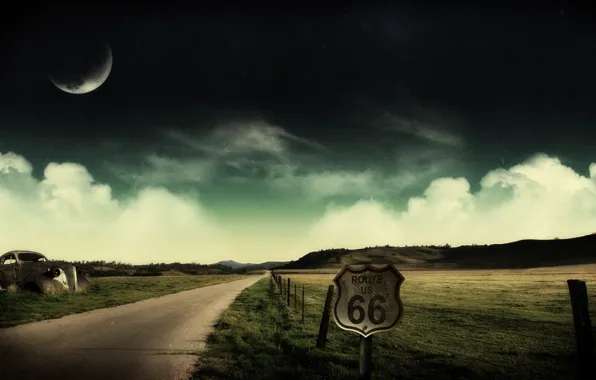 Clouds, collage, the moon, Road