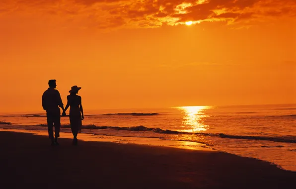 Sea, beach, sunset, the evening, two, beach, silhouettes, sunset