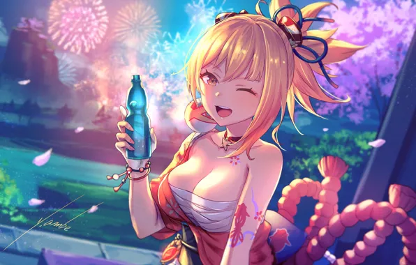 Smile, mood, Sakura, drink, fireworks, wink, Genshin Impact, Yoimiya