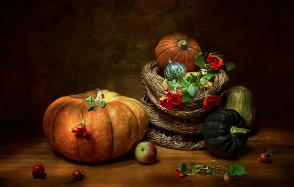 Table, pumpkin, still life, bag