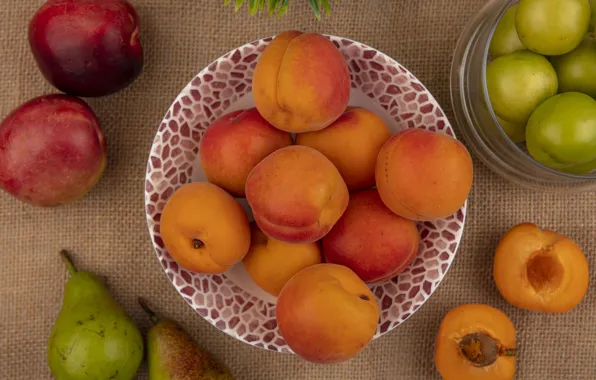 Apples, Bank, bowl, fruit, peaches, pear, burlap