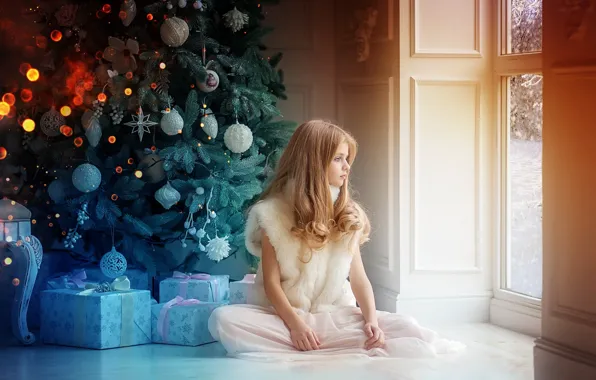 Winter, room, holiday, new year, Christmas, window, girl, gifts