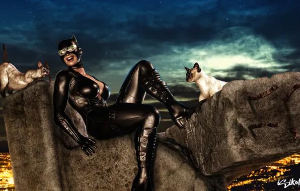 Night, Cats, Latex, Art, Sexy Girl, Big Tits, Big Boobs, Сatwoman