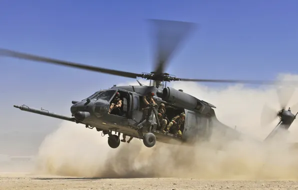 The sky, desert, dust, Helicopter, soldiers, landing, blades, landing