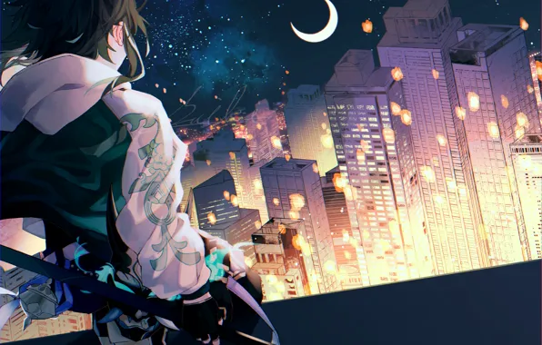Girl, night, the city, Crescent, Xiao, Genshin Impact