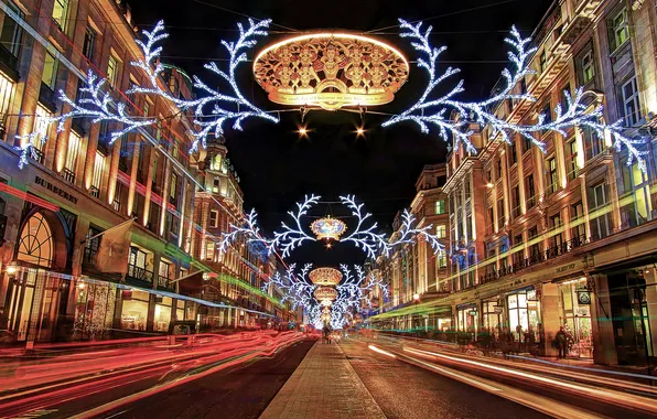 Night, lights, holiday, street, England, London, New Year, illumination