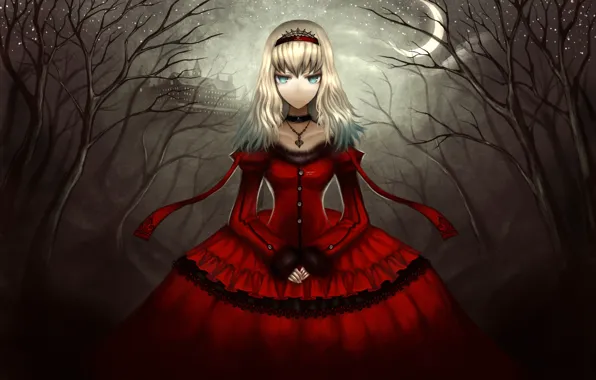 Night, tree, pendant, Alice in Wonderland, red dress, suspension, Crescent
