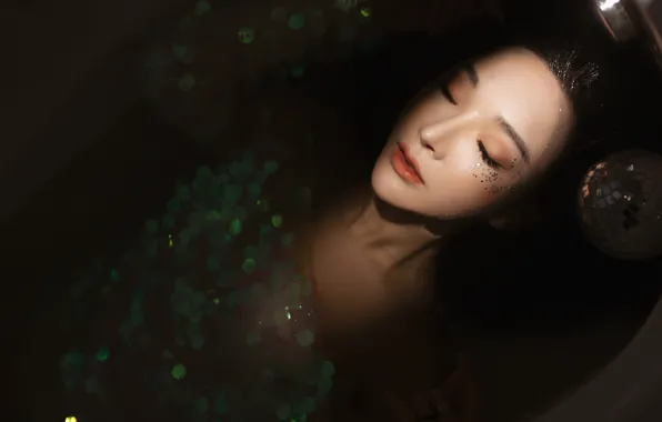 Picture water, girl, light, bath, lies, Asian, closed eyes