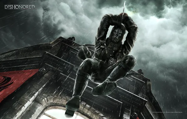 Picture clouds, house, jump, window, hood, dagger, killer, Dishonored