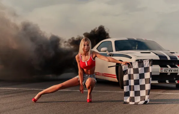 Picture car, Dodge Challenger, shorts, sky, clouds, model, women, blonde