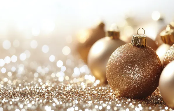 Balls, lights, Shine, sequins, Christmas, New year, gold, bokeh
