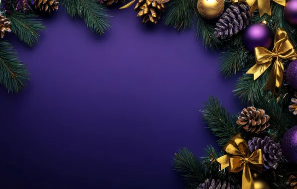 Balls, branches, frame, Christmas, purple, New year, needles, bumps