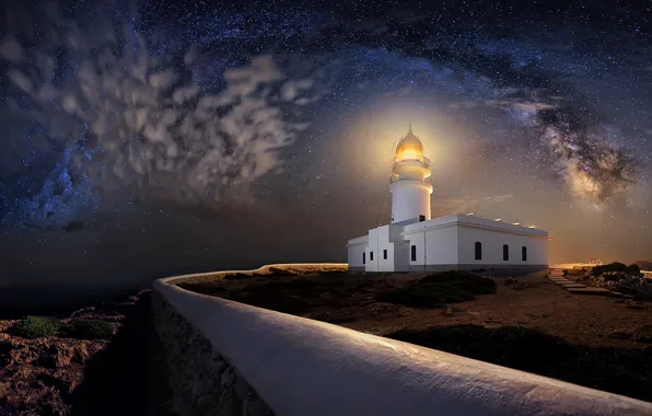 Night, lighthouse, stars, Spain, Spain, Balearic Islands, Balearic islands, Menorca