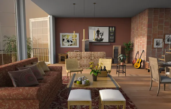 Picture design, table, room, sofa, chairs, interior, picture, guitar