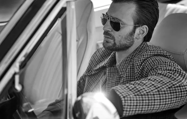 Picture glasses, actor, black and white, beard, driving, jacket, car, sitting