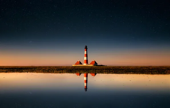 The sky, stars, reflection, lighthouse