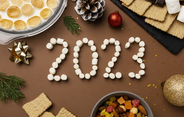 Balls, holiday, cookies, candy, figures, pie, New year, bowl