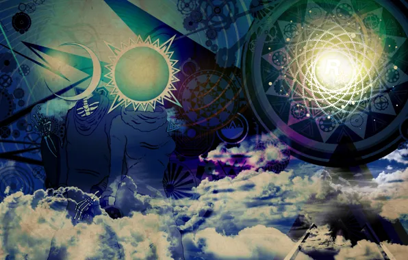 Girl, the sun, clouds, circles, patterns, the moon, triangles, logo