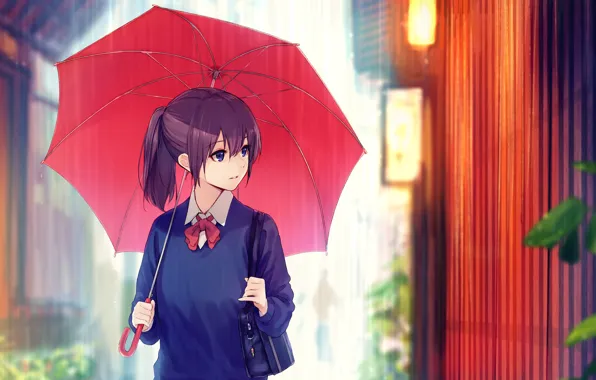 Picture the rain, the fence, schoolgirl, bag, on the street, red umbrella, under the umbrella
