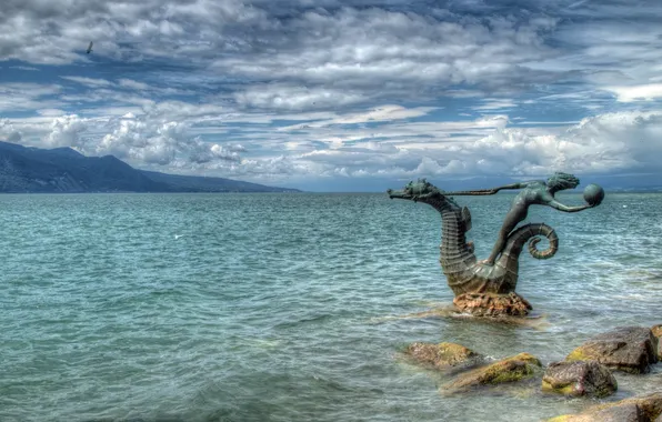 Clouds, stones, Switzerland, sculpture, Switzerland, Lake Geneva, Montreux, Lake Geneva